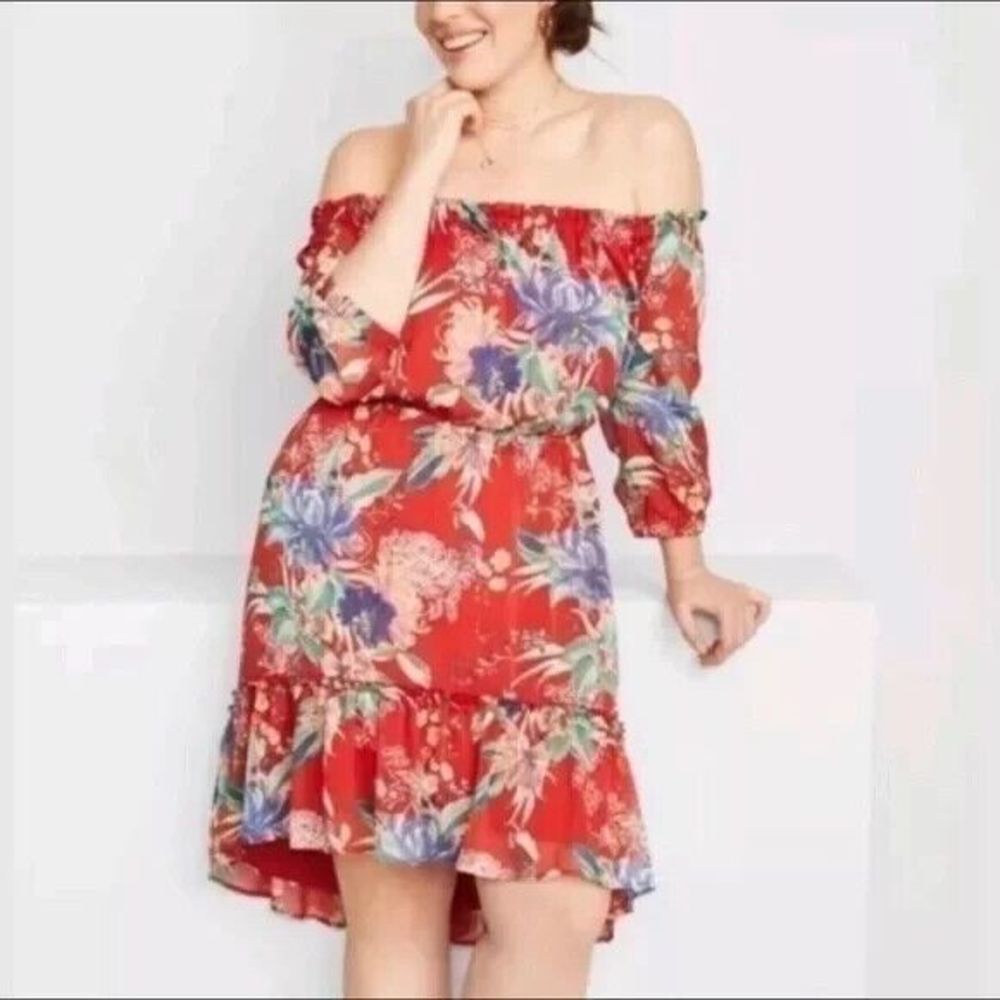 AVA & VIV Red Floral On/Off Shoulder 3/4 Sleeve Hi Lo Ruffled Hem Dress Size 4X